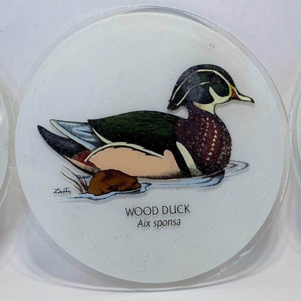 Vintage Zaffo Glass Duck Coasters Set of 3 Wood Duck Buffle Head Common Teal